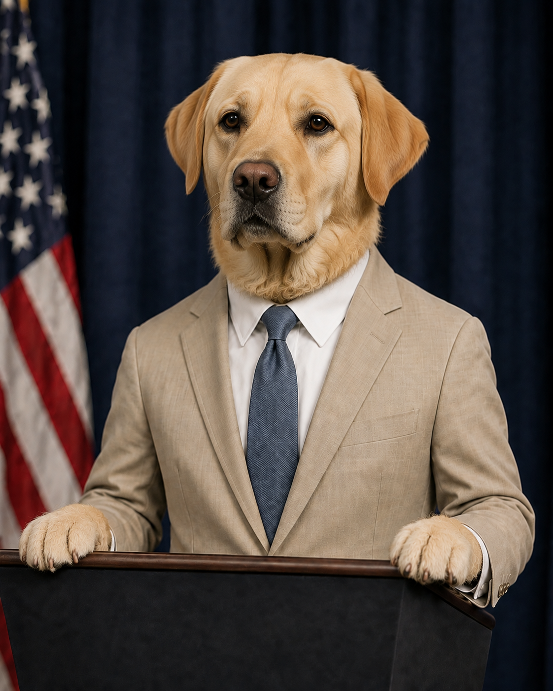 A yellow Labrador in a tan suit stands behind a lectern